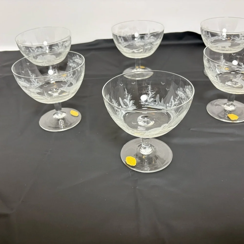 Vintage Etched East Germany Crystal Coupe Set Hunting/Wildlife Scene